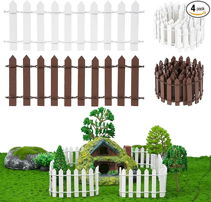 4 Pcs 35 Inch Fairy Garden Decor Mini Fence, Wood Picket Fence for Fairy Garden Supplies, Small Picket Fence for Doll House Decor DIY Crafts Plant Pot Micro Landscape Ornaments