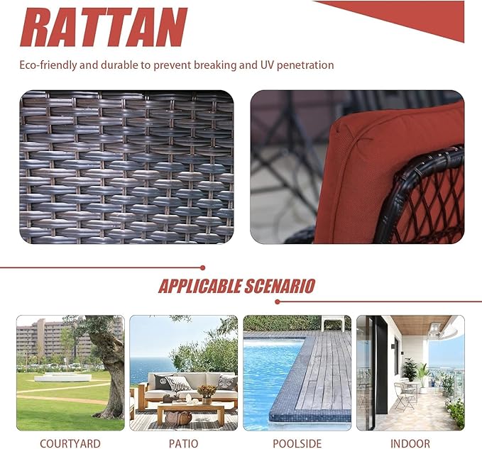 Patio Furniture Set Swivel Rocker, Outdoor Patio Chairs, 3 Piece Suit Porch Furniture Rocking Set, Backyard Rocker Rattan Chair, with Thickened Cushions and Glass Coffee Table(Wine Red)