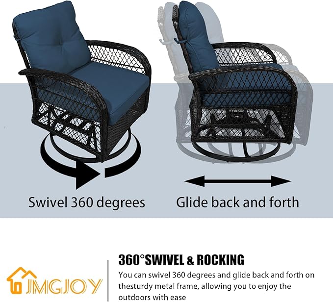 Patio Furniture Set Swivel Rocker, Outdoor Patio Chairs, 3 Piece Suit Porch Furniture Rocking Set, Backyard and Garden Rocker Rattan Chair, with Thickened Cushions and Glass Coffee Table(Navy)