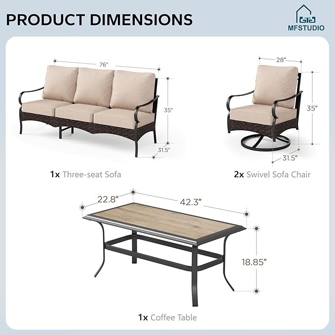 MFSTUDIO 4 Pieces Outdoor Patio Furniture Set, Metal Outdoor Conversation Set, Rattan Wicker Patio Sectional with 2 x Swivel Single Sofa, 3-Seat Sofa, 1 x Coffee Table, Beige
