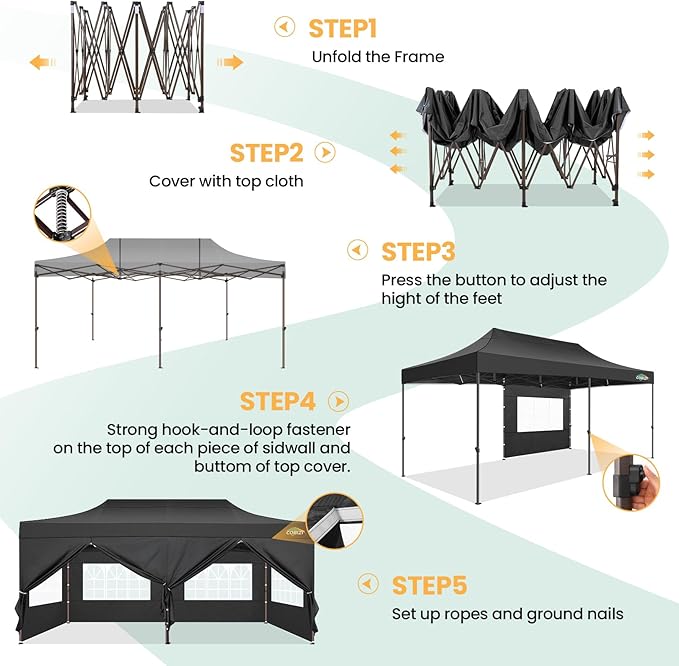 COBIZI 10x20 Pop Up Heavy Duty Canopy with 6 Sidewalls and Hexagonal Legs, Easy up Tent for Parties, Commercial and Wedding, Outdoor Canopy with Roller Bag, Sand Bags, Waterproof & UPF50+ (Black)