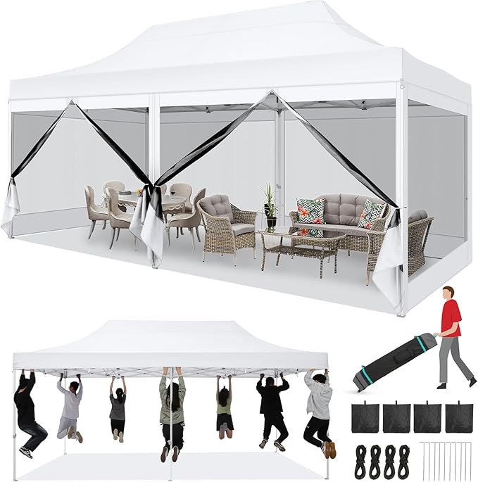 COBIZI 10x20 Heavy Duty Pop Up Canopy Tent with 6 Sidewalls, Commercial Gazebo Party Tent with Mosquito Netting Wall Easy Set Up Outdoor Instant Screen Tent for Backyard, Patio, Garden, White