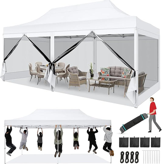 COBIZI 10x20 Heavy Duty Pop Up Canopy Tent with 6 Sidewalls, Commercial Gazebo Party Tent with Mosquito Netting Wall Easy Set Up Outdoor Instant Screen Tent for Backyard, Patio, Garden, White