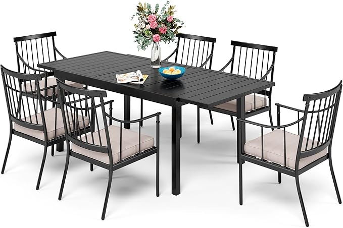 Sophia & William 7 Pieces Patio Dining Set with 6 Metal Chairs and Expandable Rectangular Dining Table for 6-8 People, Outdoor Conversation Furniture Set with Seat Cushions for Porch Yard Deck