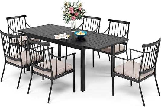 Sophia & William 7 Pieces Patio Dining Set with 6 Metal Chairs and Expandable Rectangular Dining Table for 6-8 People, Outdoor Conversation Furniture Set with Seat Cushions for Porch Yard Deck