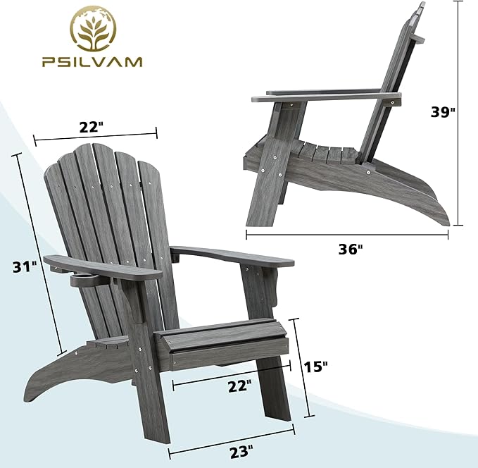 Psilvam Oversized Adirondack Chair, Fade-Resistant & Odor-Free Poly Lumber Fire Pit Chairs with Cup Holder, Weatherproof Outdoor Chair, Easy 15 Min Install Patio Chair, 350 Lbs Support (2, Gray)