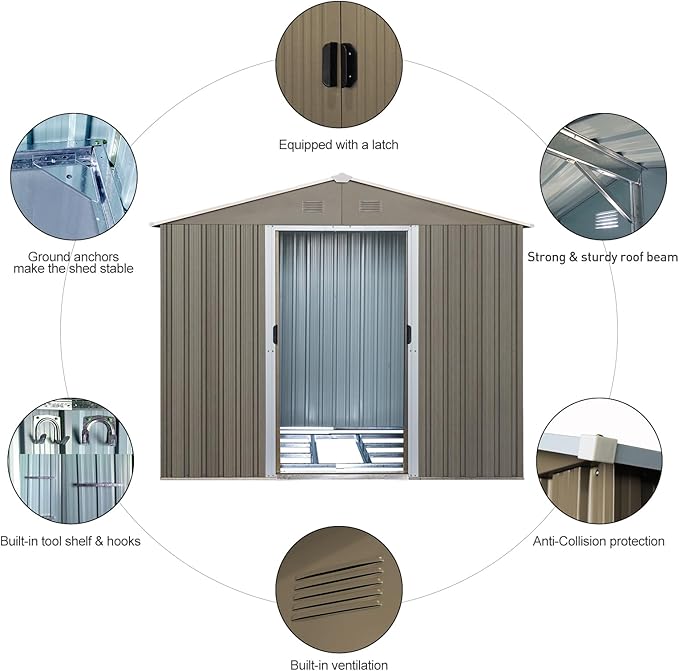 Favfurish 10×8FT Outdoor Metal Storage Shed Large Garden Sheds with Floor Base & Window,Sliding Doors and Padlock for Garden,Backyard,Lawn,Easy to Assemble,Grey