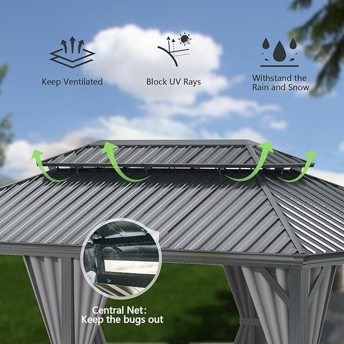 Domi 14'x24' Hardtop Gazebo Canopy,Outdoor Aluminum Gazebo with Galvanized Steel Double Roof, Extra Large Permanent Gazebo Pavilion for Patio Deck Backyard,Curtain and Netting,Grey