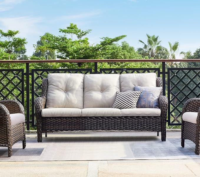 HUMMUH 3-Seat Outdoor Wicker Sofa PE Rattan Patio Couch with Cushions,Deep Seat High Curved Back Armset Patio Sofa