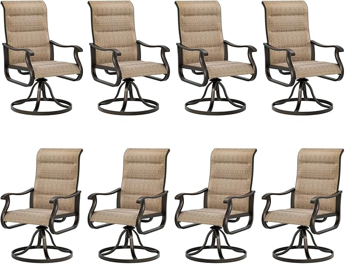 UDPATIO Patio Swivel Dining Chairs Set of 8, Outdoor Swivel Chairs High Back with All Weather Padded Textilene, Metal Rocking Frame for Lawn Garden Backyard, Brown