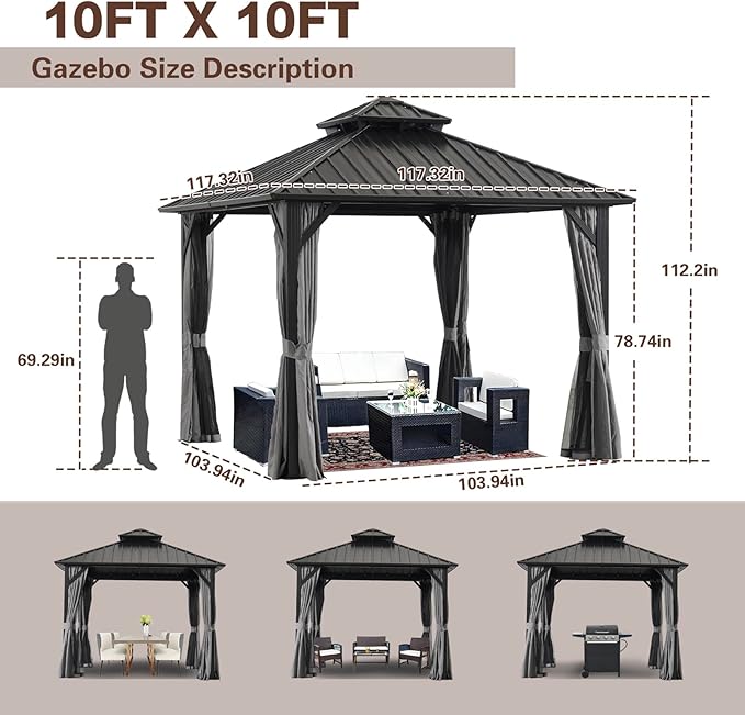 Endark 10x10FT Hardtop Gazebo with Double Roof, Aluminum Frame Outdoor Pavilion with Netting and Curtains for Patio, Backyard, Lawn