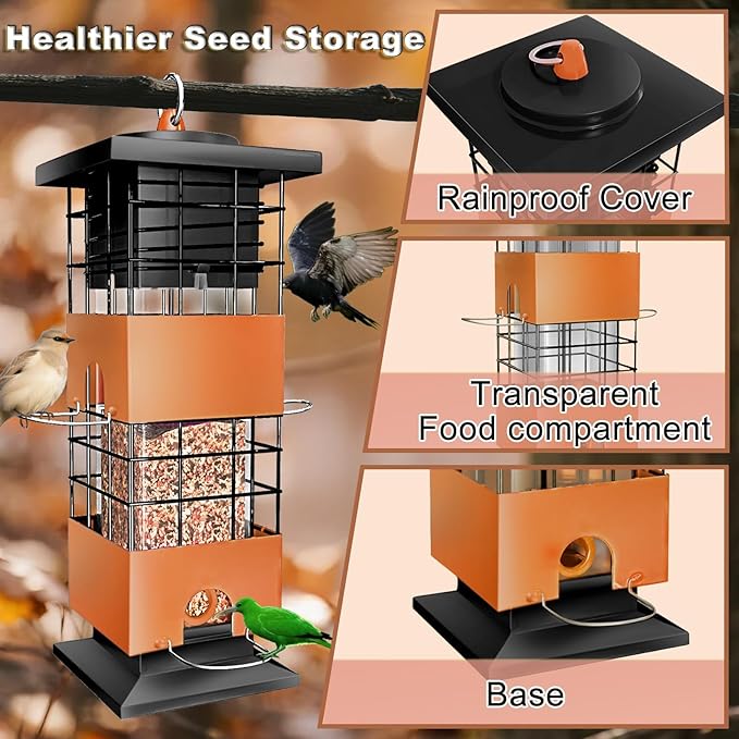 Squirrel Proof Bird Feeders for Outdoors Hanging, Large Capacity 3.5Lbs Bird Feeders with 4 Feeding Ports, Metal Gravity Protection Birds Feeder for Outside, Cardinal, Sparrow, Finch, Brown