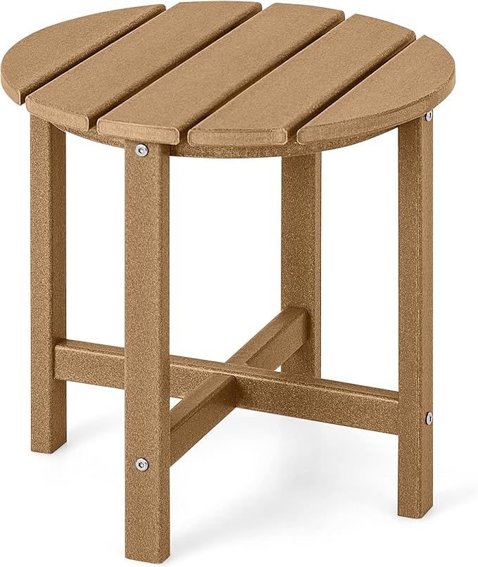 Tangkula Round Outdoor Side Table, 18 Inch Weather Resistant HDPE Adirondack Table, Outdoor Indoor Chairside End Tables, Patio Side Table for Lawn Garden Balcony Backyard, Easy Assembly (1, Brown)