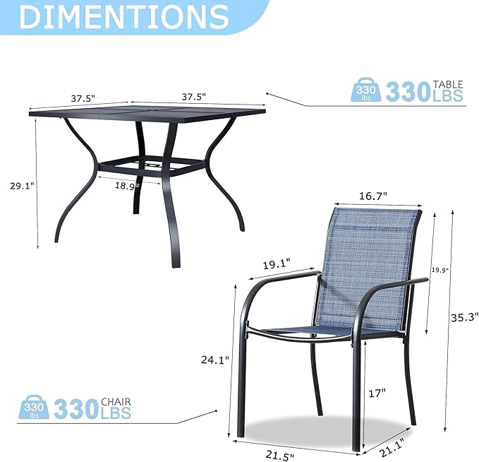 5 Pieces Sqaure Dining Table Set for 4, Patio Dining Set Includes 4 Blue Stackable Patio Chairs and 1 Black Mesh Square Table, Patio Furniture Sets with Sling Support for Outside, Garden