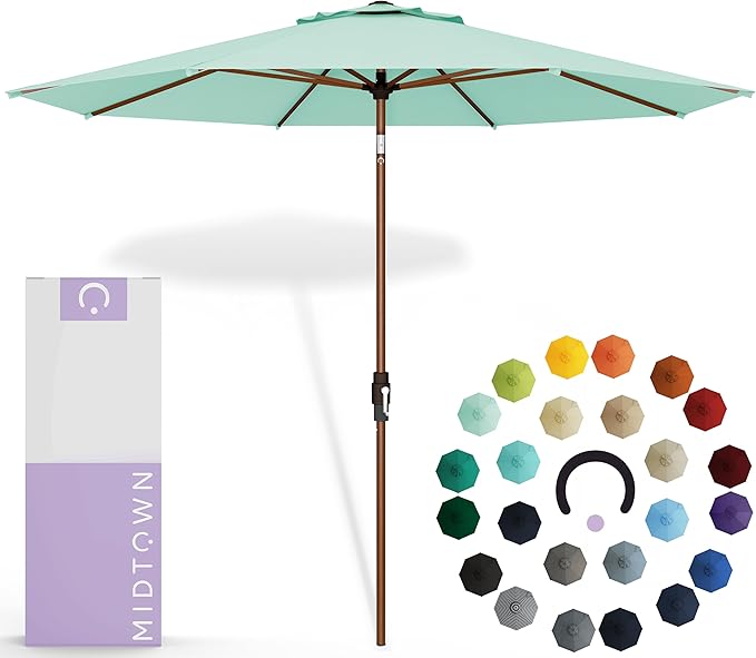 Midtown Umbrellas Sunbrella Umbrella Outdoor Patio Umbrella 2-8 Feet in Canvas Glacier Acrylic Fabric - Auto-Tilt Aluminum Frame For Backyard Umbrella, Deck Umbrella & Porch Umbrella - Wooden Pole