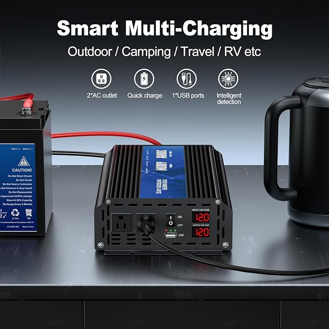 3000W Power Inverter,Peak Power 6000W 12V DC to AC 110V120V,Remote Control with 2AC Outlets and 2.4USB Port,LCD Display for Power Converter,Outdoor Activities,Emergency,Vehicles Truck RV Solar System