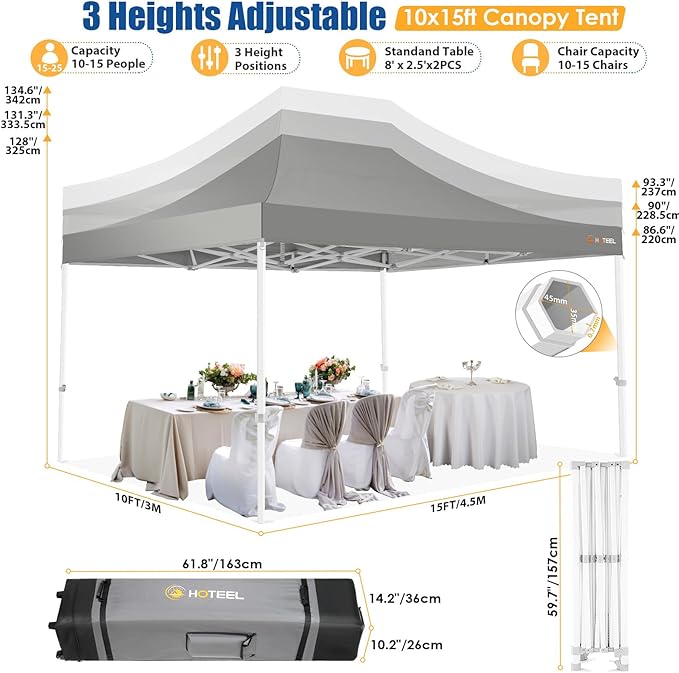 HOTEEL 10x15 Pop up Canopy Tent for Parties, Heavy Duty Easy Setup Tent Without Sidewalls, Outdoor Commercial Instant Gazebo for Wedding Event, with Roller Bag & Sand Bags, Grey(Hexagonal Frame)