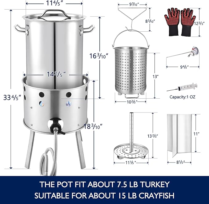ARC 32QT Stainless Steel Turkey Fryer Kit With Burner, Seafood Boil Pot And Burner With Basket,Crawfish Boil Tamale Steamer Crab Boil Pot With Injector Thermometer, High Temperature Resistant Gloves