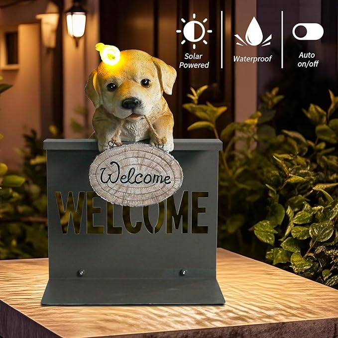 Garden Dog Statues with Solar Bird, Solar Labrador Puppy Statue with Welcome Fence Base Outdoor Sculptures Garden Decorations for Patio, Lawn, Yard, Housewarming Gifts for Mom Women Grandma