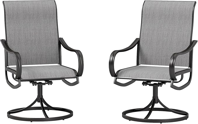 MFSTUDIO Outdoor Swivel Patio Dining Chairs Set of 2, High Back Breathable Textilene Patio Chairs for Balcony, Backyard, Deck, Garden (Light Grey Fabric, Black Frame)