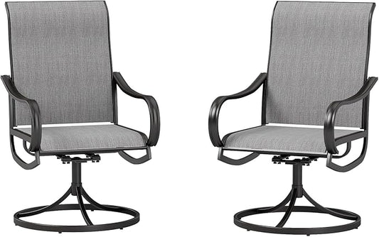 MFSTUDIO Outdoor Swivel Patio Dining Chairs Set of 2, High Back Breathable Textilene Patio Chairs for Balcony, Backyard, Deck, Garden (Light Grey Fabric, Black Frame)