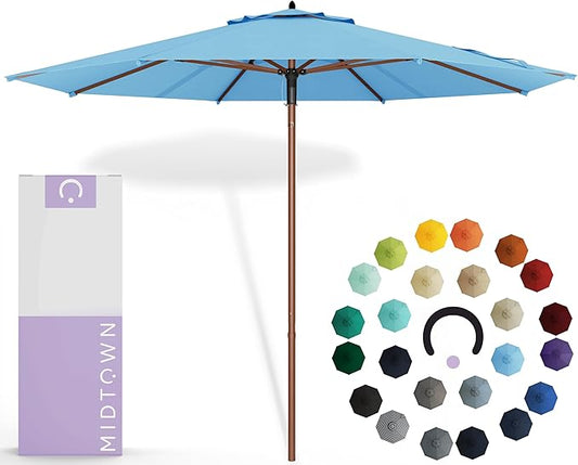 Midtown Umbrellas The Wooden 8 Feet Patio Umbrella With Sunbrella Capri Acrylic Fabric - Aluminum Frame Market Umbrella For Backyard, Deck, Garden, Pool - Wooden Pole