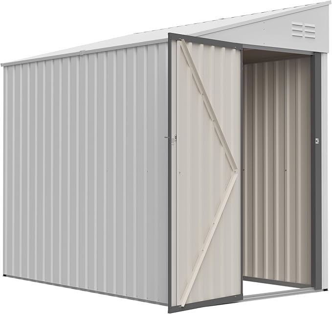 4x7 Ft Outdoor Storage Shed - Heavy Duty Metal Garden Shed, Galvanized Steel with Weather Protection, Lockable Tool & Bike Storage, Space-Saving Lean-to Design for Backyard (White)