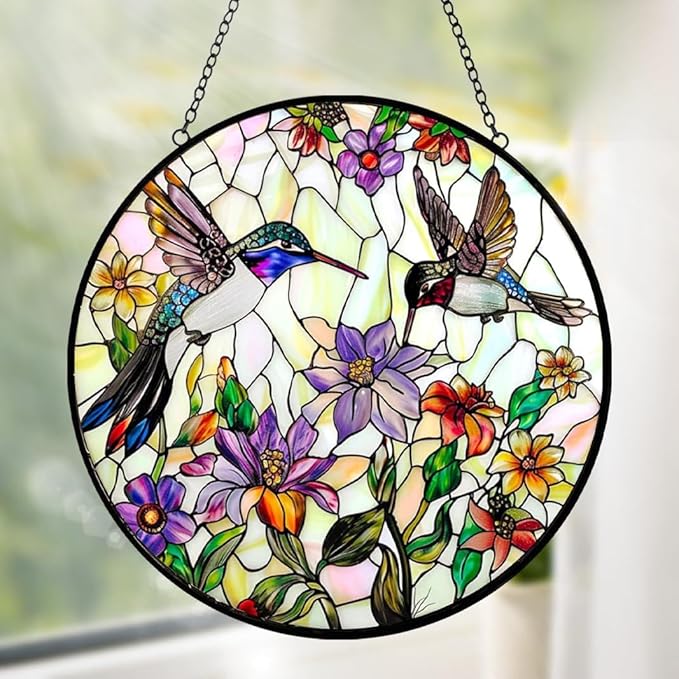 Stained Glass Hummingbird Suncatcher Window Hanging - Handmade Stained Glass Bird Suncatchers for Windows Hanging - Wildflowers Sun Catchers Wall Art Home Garden Decor Panel Gifts for Women Mom Wife