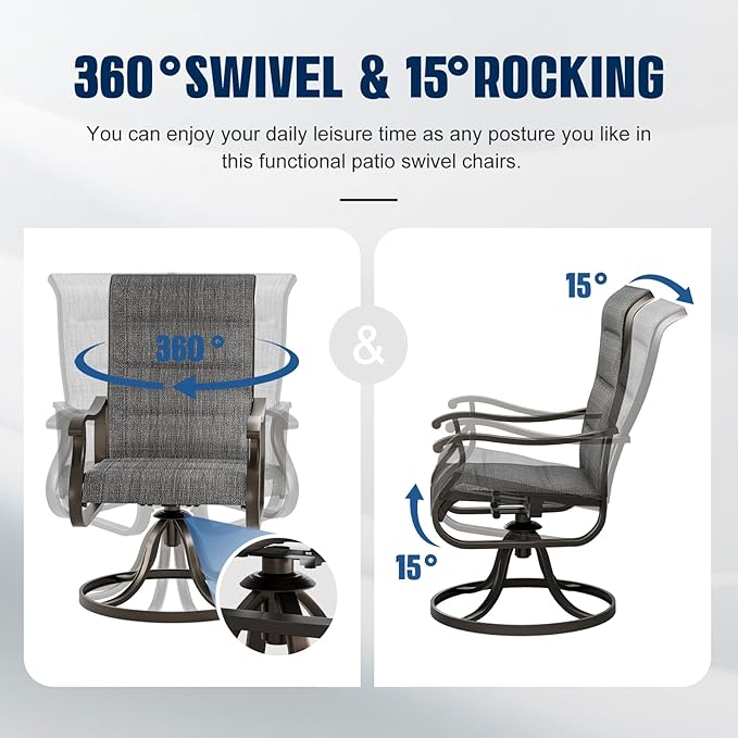 UDPATIO Patio Swivel Chairs Set of 4, Outdoor Dining Chairs High Back with Padded All Weather Breathable Textilene, Metal Rocking Frame for Backyard Lawn Garden, Dark Grey