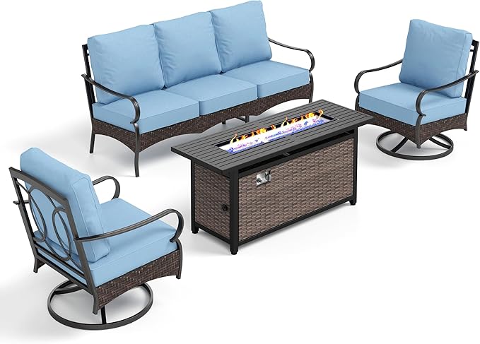 Patio Furniture Set with 56" Fire Pit Table, Premium Outdoor Wicker Metal Frame Furniture with Upgraded Waterproof Thick Cushions for Porch, Poolside, Deck, and Yard （4 Pieces,Blue）