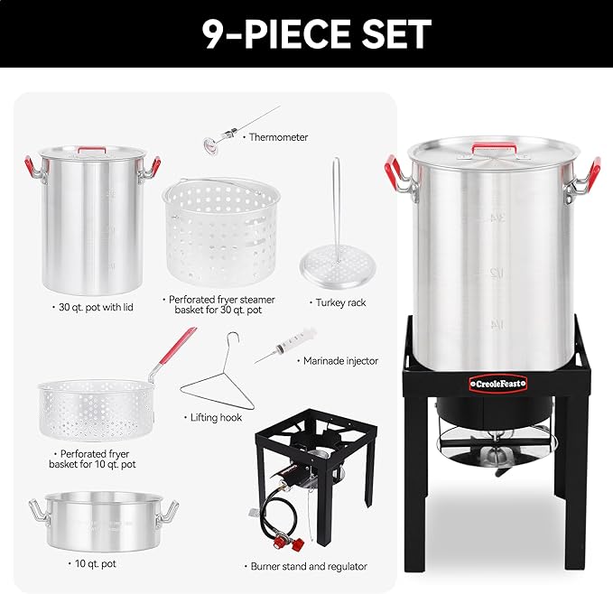 Creole Feast TFP1030 30 Qt. Turkey Fryer and 10 Qt. Fish Fryer Kit with 50,000 BTUs Propane Burner, Outdoor Deep Fryer & Seafood Boiler Steamer for Outdoor Cooking, Silver & Black