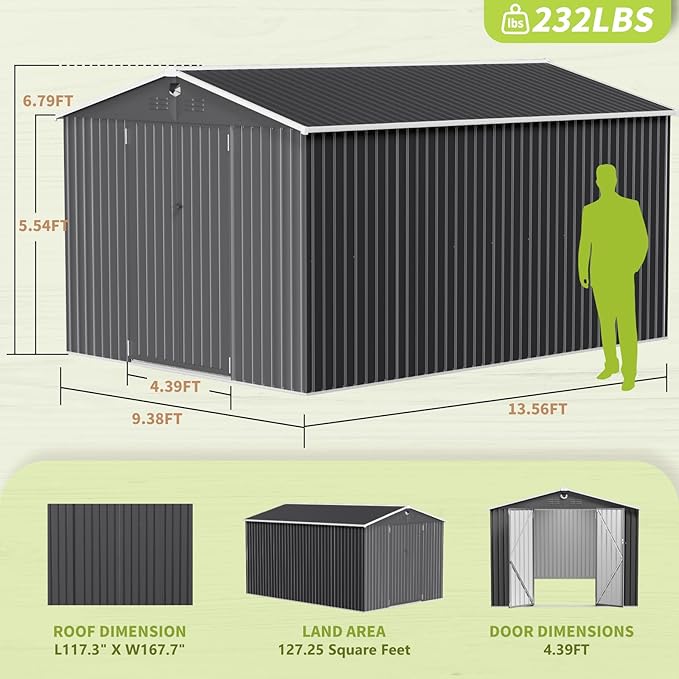 10x14 FT Outdoor Storage Shed, Metal Shed with Lockable Door, Large Heavy Duty Tool Sheds, Outside Waterproof Storage Building