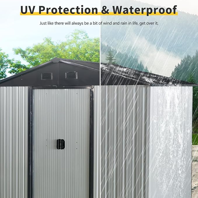 8ft 4ft Outdoor Metal Storage Shed with Sliding Door & Foundation – Durable, Weather -, Lockable for, Tools & Equipment (White + Black) (1 Doors)