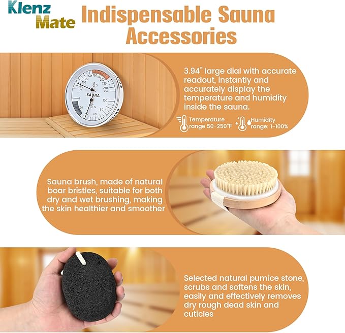 6 Pcs Sauna Accessories Kit, Bucket and Ladle Set, Thermo-Hygrometer, Sauna Hourglass, Brush, Exfoliating Volcanic Rocks, Sauna Set, Wooden Sauna Bucket, 1 Gallon (4 L) Water Capacity, Handmade