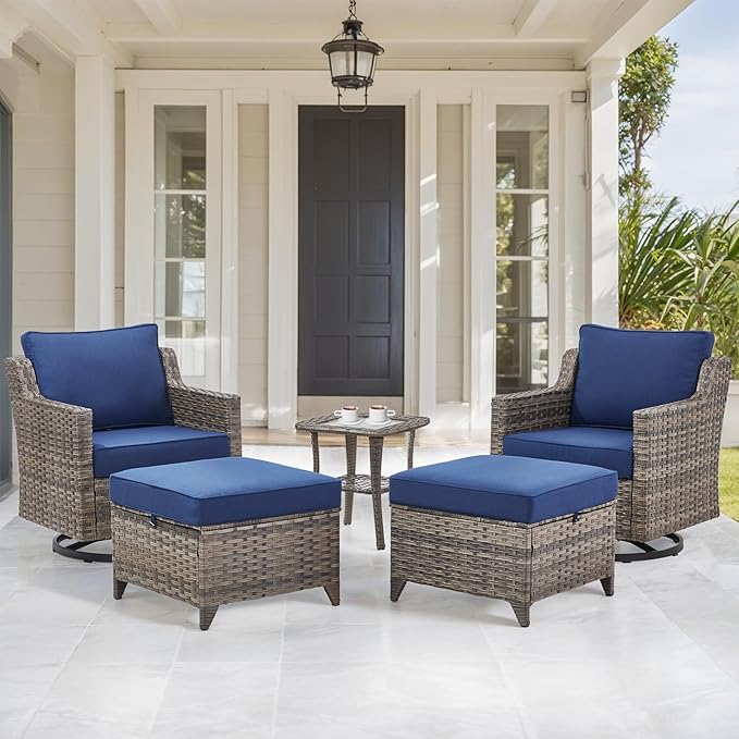 Patio Bistro Set, 5 Piece Wicker Patio Furniture Set with Swivel Rocking Chairs, Side Table, Rattan Ottomans and Comfy Cushions, Patio Conversation Sets for Garden Porch Deck Backyard