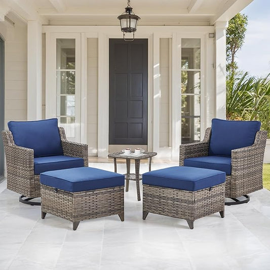 Patio Bistro Set, 5 Piece Wicker Patio Furniture Set with Swivel Rocking Chairs, Side Table, Rattan Ottomans and Comfy Cushions, Patio Conversation Sets for Garden Porch Deck Backyard