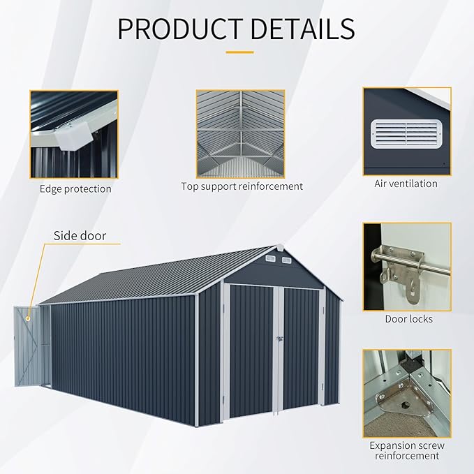 12x20 FT Outdoor Storage Shed,Metal Shed W/ 2 Lockable Hinged Doors & 4 Air Vents,Weatherproof Garden Garage Shelter W/Sloped Roof,for Backyard,Lawn,Car,Black
