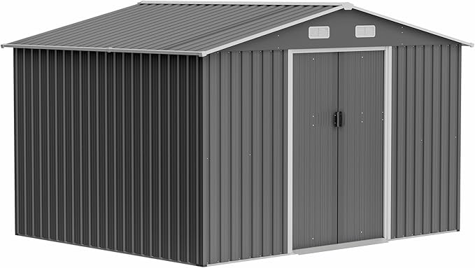 10X8 FT Outdoor Storage Shed, Metal Foundation & Lockable Doors, Tool Shed for Garden, Patio, Backyard, Lawn, Grey