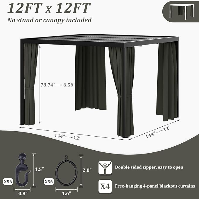 Gazebo Universal Replacement Privacy Curtain,12'×12' Gazebo Outdoor Waterproof Curtains, 4-Panels Sidewall Curtains with Double Zipper for Patio Canopy, Garden and Backyard (Curtain Only)
