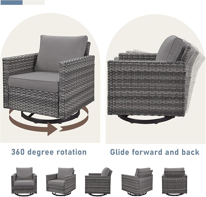 Luxury Outdoor Swivel Rocker Patio Chairs Set of 2, Swivel Patio Chairs for Porch, Yard, Deck, Poolside, Grey/Grey