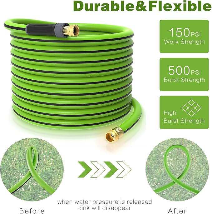 Hybrid Hose 100ft x 5/8", Short Garden Water Hose Heavy Duty, Flexible, Lightweight Hybrid Water Hose with Swivel Handle,3/4'' Brass Fittings, Available For Reel Cart Backyard Burst 500 PSI