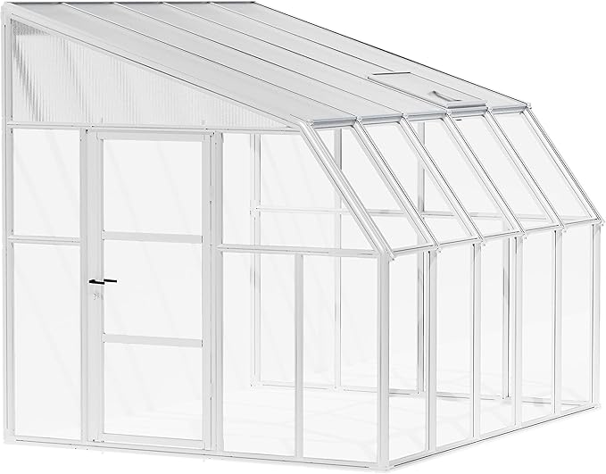 Palram Canopia Rion Sun Room 8 Ft. x 10 Ft. Solarium, Lean-to Greenhouse DIY Kit, Attach to House, Large Twin Wall Polycarbonate, 100% UV Protection for Porch, Patio Outdoors with Window Vent (White)