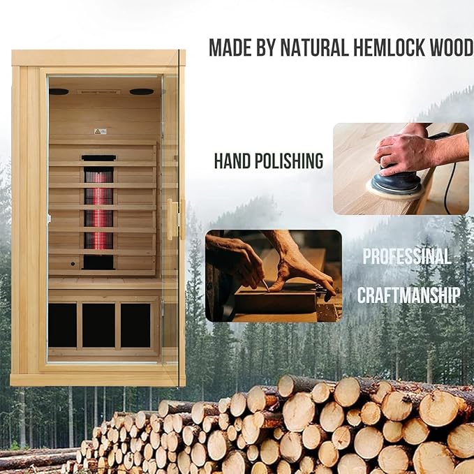 Ceramic Infrared Sauna, 1 Person Infrared Sauna, Hemlock Wood Home Sauna Spa, Far Infrared Sauna Indoor, Low EMF Infrared Saunas for Home with Smart Display, Bluetooth Speaker,1,240 watt