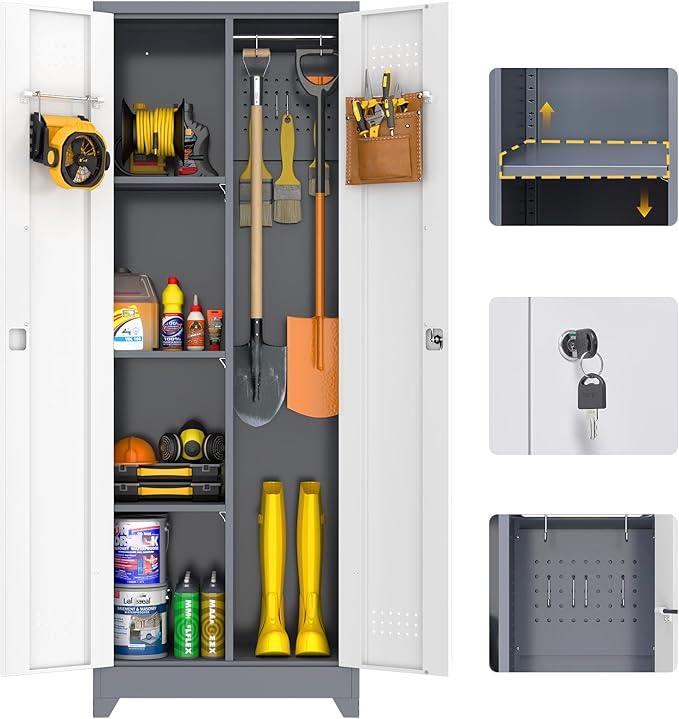 GREATMEET 65" Garage Storage Cabinet, Broom Closet Storage Cabinet, Storage Shed, Metal Cabinets with Doors and Shelves, Tool Shed for Brooms and Mops, Utility Cabinets for Storage, Grey&White