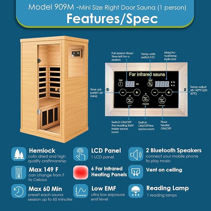 Saunas 909Mini Far Infrared Sauna, Indoor Dry Sauna (Hemlock Wood, 1 Person Mini Size Right Door)