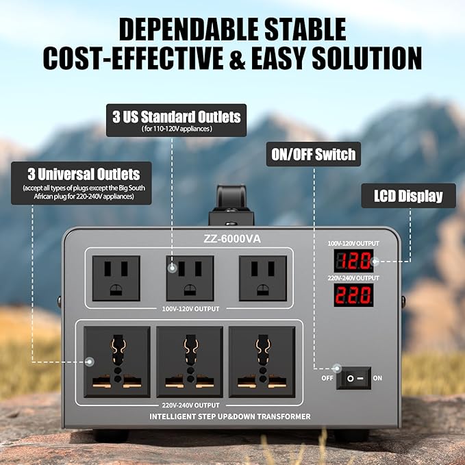 6000W Voltage Auto Converter Transformer, Heavy Duty Step Up/Down Power Converter 110/120/220/240V with 3 US Outlets,3 Universal Outlets,LED Display,w/US Standard Power Cord Circuit Breaker Protection