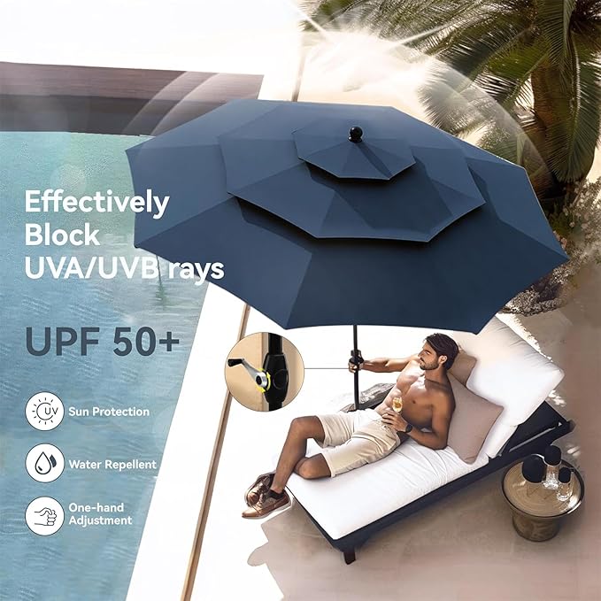 PHI VILLA 5 Pieces Patio Dining Set with 10ft Patio Umbrella, Metal Patio Circle Table Outdoor Stackable Wrought Iron Chair Set of 4 & 42" Large Round Dining Table,3 Tier Vented Dark Blue Umbrella