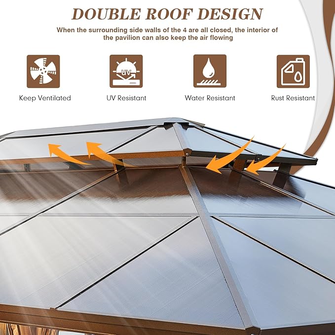 EROMMY 12' x 20' Gazebo Polycarbonate Double Roof Canopy with Aluminum Frame, Outdoor Permanent Metal Pavilion with Netting and Curtains for Garden Patio Lawns