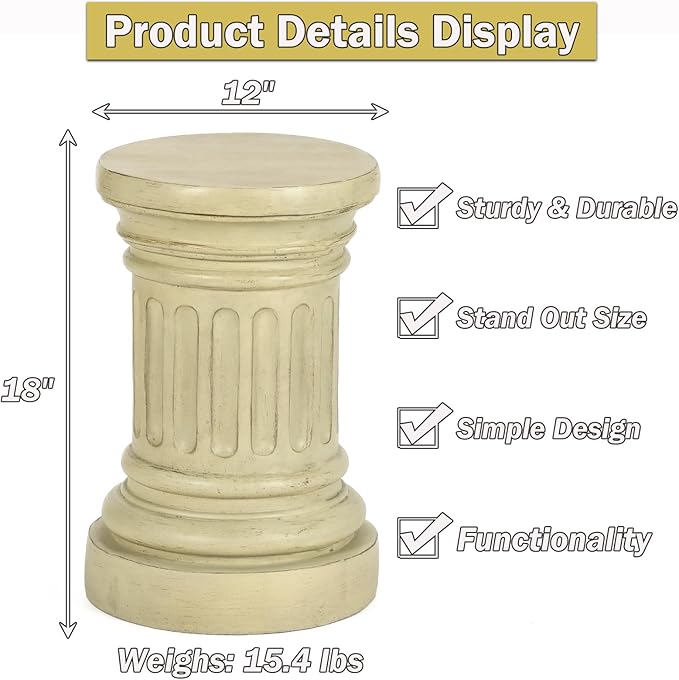 18-inch Tall Garden Pedestal Stand for Indoor & Outdoor Use – Heavy Duty Magnesium Oxide Plant Stand, Weatherproof Outdoor Pedestal for Sculpture, Flower Pots, or Decorative Column for Statues