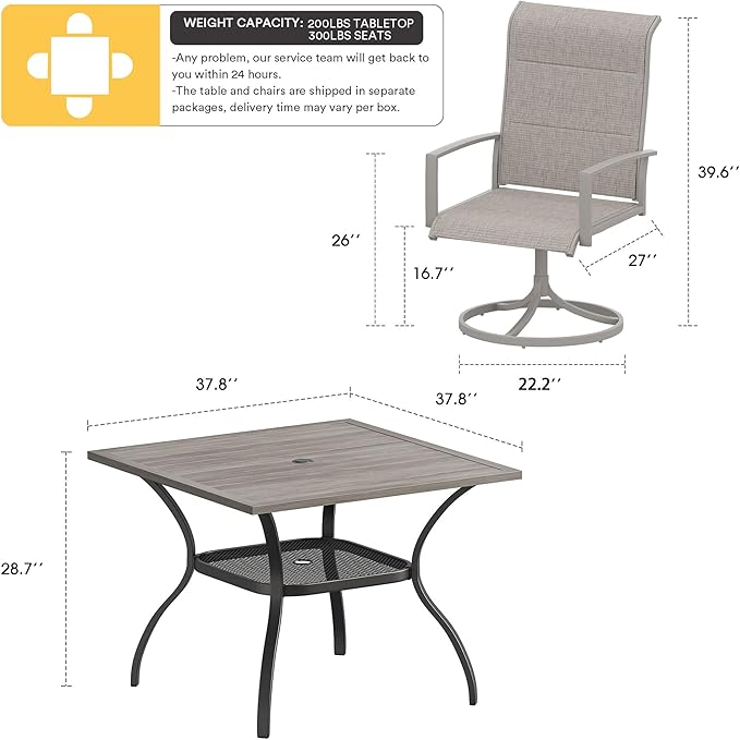 VICLLAX 5 Pieces Patio Dining Set, 4 Seats Outdoor Furniture Includes 37.8" Square Outdoor Table and 4 Swivel Patio Chairs, Grey Wood Grain Tabletop and Sandshell Fabric